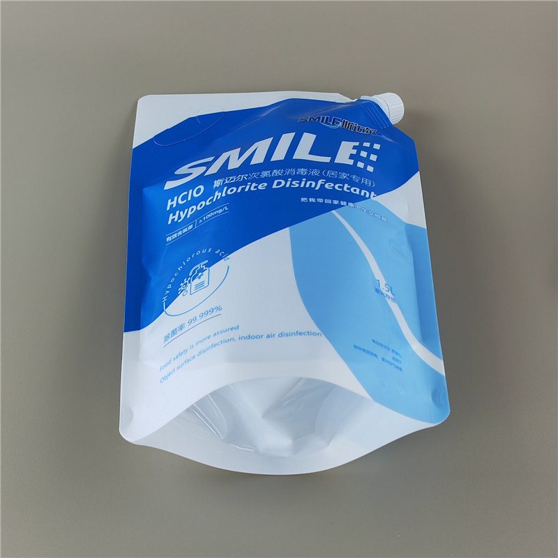 White & Blue Stand-Up Spout Pouch with Handle for Personal Care Liquids
